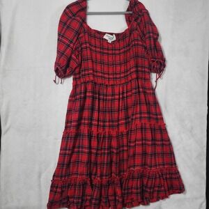 Jessake Dress Womens 3X Red Plaid Cotton Square Neck Puff Sleeve Midi Tiered